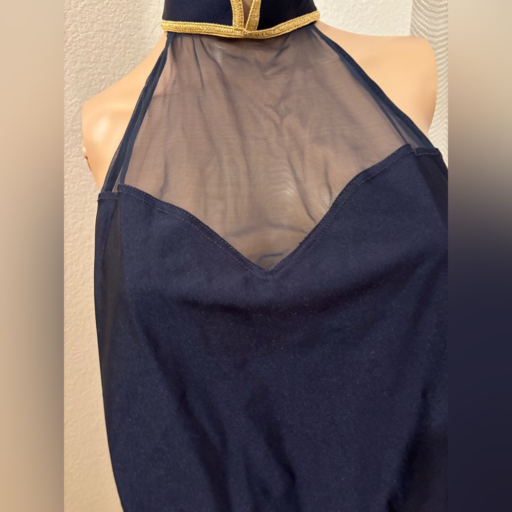 Elegant Navy Vintage Gottex . One piece swimsuit with Sheer and Gold Accents